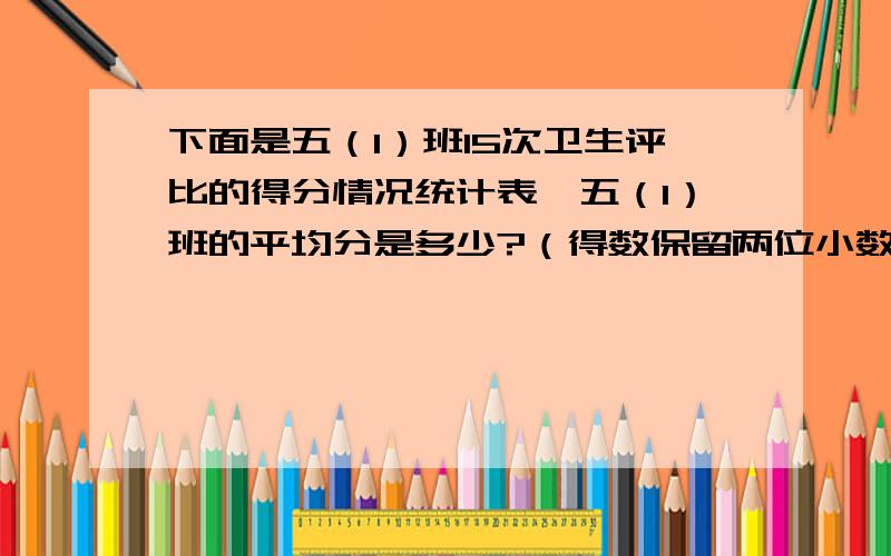 下面是五（1）班15次卫生评比的得分情况统计表,五（1）班的平均分是多少?（得数保留两位小数）得分/分 8.5 9 9.5次数 3 5 7