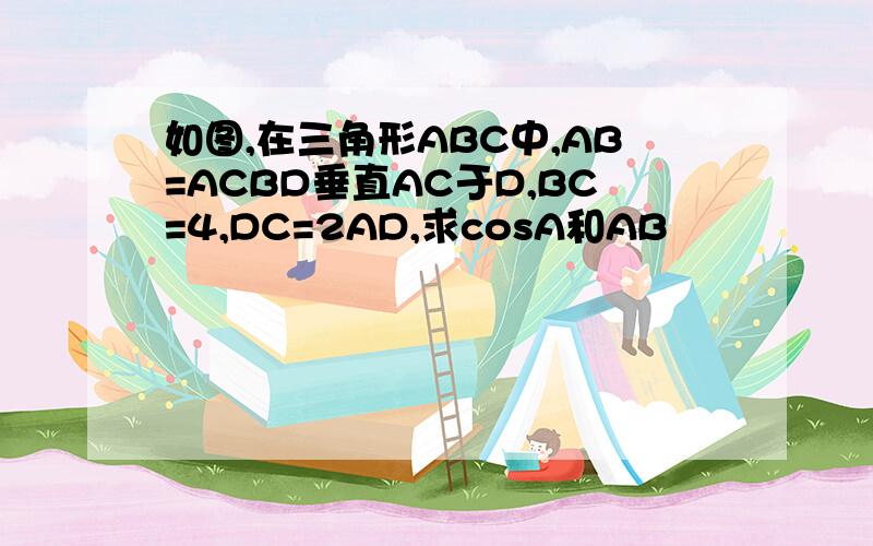 如图,在三角形ABC中,AB=ACBD垂直AC于D,BC=4,DC=2AD,求cosA和AB