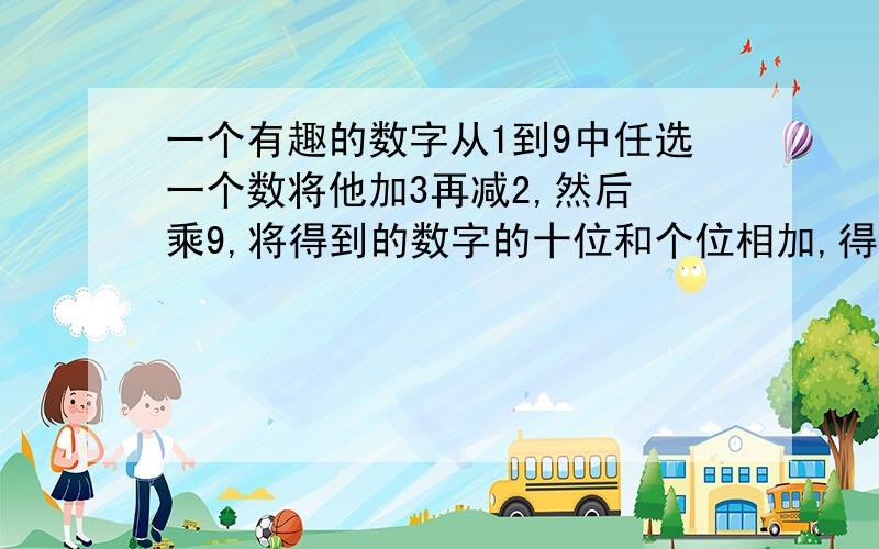 一个有趣的数字从1到9中任选一个数将他加3再减2,然后 乘9,将得到的数字的十位和个位相加,得到的 数再乘50然后减200,算出结果.(得到的数将代表你的人格)