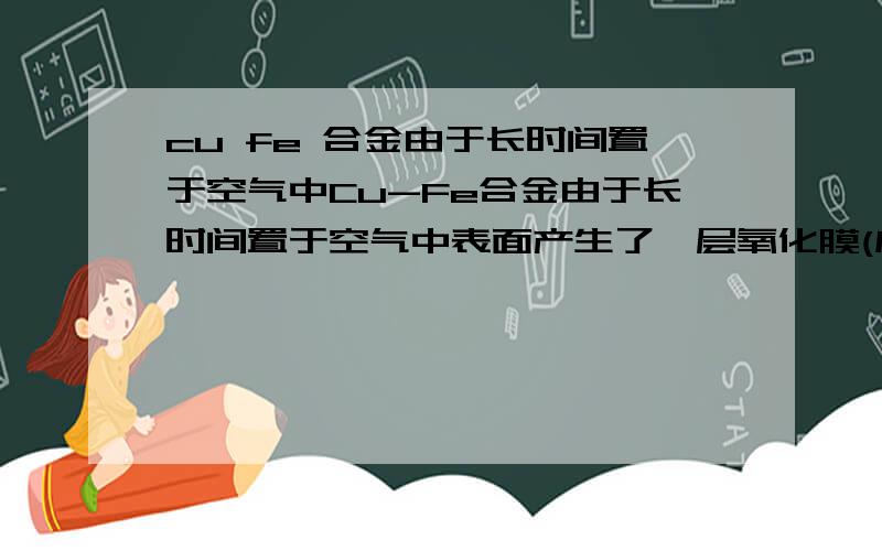 cu fe 合金由于长时间置于空气中Cu-Fe合金由于长时间置于空气中表面产生了一层氧化膜(成分为Fe2O3和CuO),现进行如下实验(以下气体体积均在标况下测得)①将此合金块5.76g置于烧杯中,然后将稀H