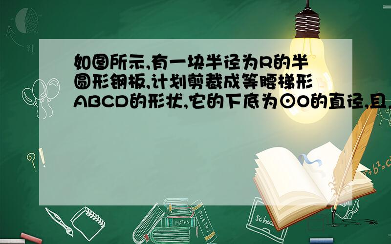 如图所示,有一块半径为R的半圆形钢板,计划剪裁成等腰梯形ABCD的形状,它的下底为⊙O的直径,且上底的端点在圆上,写出梯形周长y和腰长x间的函数关系式,并求出它的定义域.