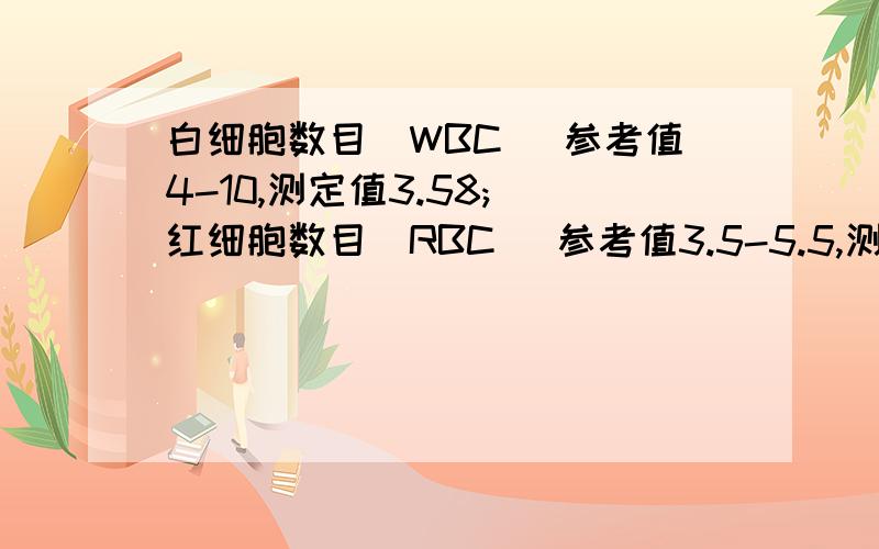 白细胞数目（WBC） 参考值4-10,测定值3.58; 红细胞数目（RBC） 参考值3.5-5.5,测定值2.44; 红细胞平均体白细胞数目（WBC） 参考值4-10,测定值3.58;红细胞数目（RBC） 参考值3.5-5.5,测定值2.44;红细胞平