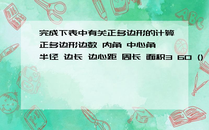 完成下表中有关正多边形的计算正多边形边数 内角 中心角 半径 边长 边心距 周长 面积3 60 () () 2根号3 () () ()4 () () () 1 () ()