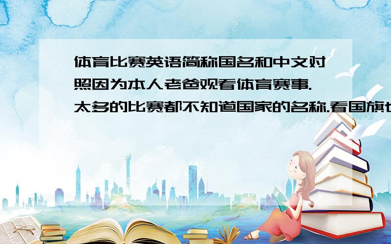 体育比赛英语简称国名和中文对照因为本人老爸观看体育赛事.太多的比赛都不知道国家的名称.看国旗也太花了.所以本人在这求求各位大虾帮帮忙了