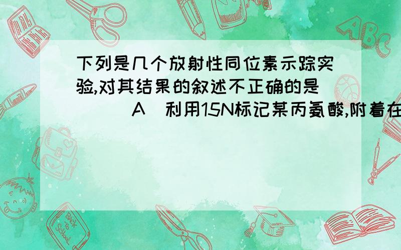 下列是几个放射性同位素示踪实验,对其结果的叙述不正确的是（ ） A．利用15N标记某丙氨酸,附着在下列是几个放射性同位素示踪实验,对其结果的叙述不正确的是（ ）A．利用15N标记某丙氨