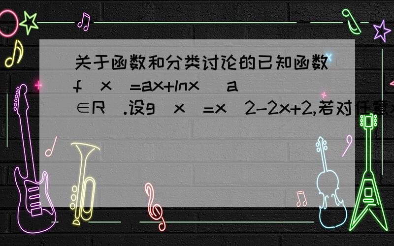 关于函数和分类讨论的已知函数f(x)=ax+lnx (a∈R).设g(x)=x^2-2x+2,若对任意x1∈(0,+∞),均存在x2∈[0,1],使得f(x1)