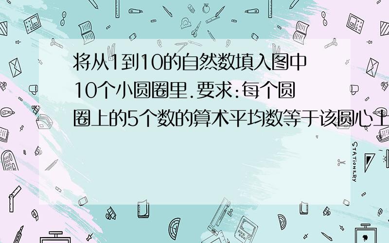 将从1到10的自然数填入图中10个小圆圈里.要求:每个圆圈上的5个数的算术平均数等于该圆心上所标的数.(一定要有过程,就是思想方向不注重答案)