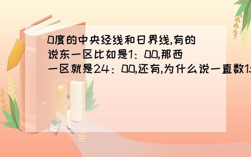 0度的中央经线和日界线,有的说东一区比如是1：00,那西一区就是24：00,还有,为什么说一直数15度的往东数最后数到24个小时就要加1天?这1天怎么加?日界线把东西十二区分成了两个日期,那中间