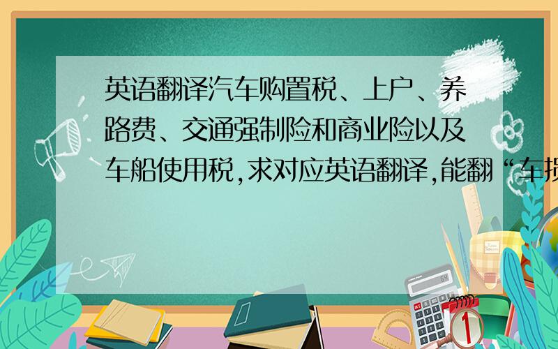 英语翻译汽车购置税、上户、养路费、交通强制险和商业险以及车船使用税,求对应英语翻译,能翻“车损险、三者险、座位险、玻璃险、不记免赔、划痕险、盗抢险”更好.