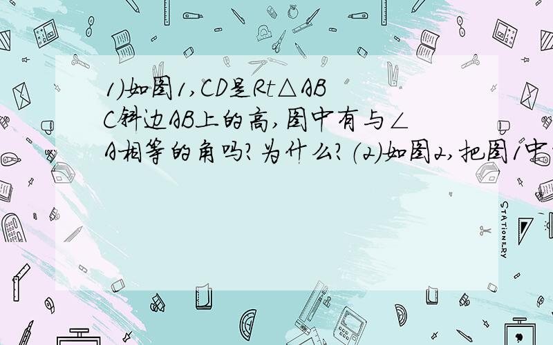 1）如图1,CD是Rt△ABC斜边AB上的高,图中有与∠A相等的角吗?为什么?（2）如图2,把图1中的CD平移到ED1）如图1,CD是Rt△ABC斜边AB上的高,图中有与∠A相等的角吗?为什么?（2）如图2,把图1中的CD平移到