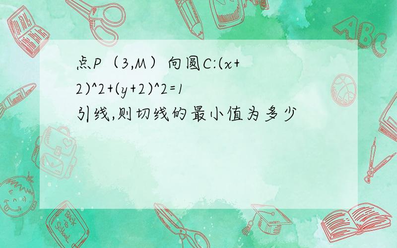 点P（3,M）向圆C:(x+2)^2+(y+2)^2=1引线,则切线的最小值为多少