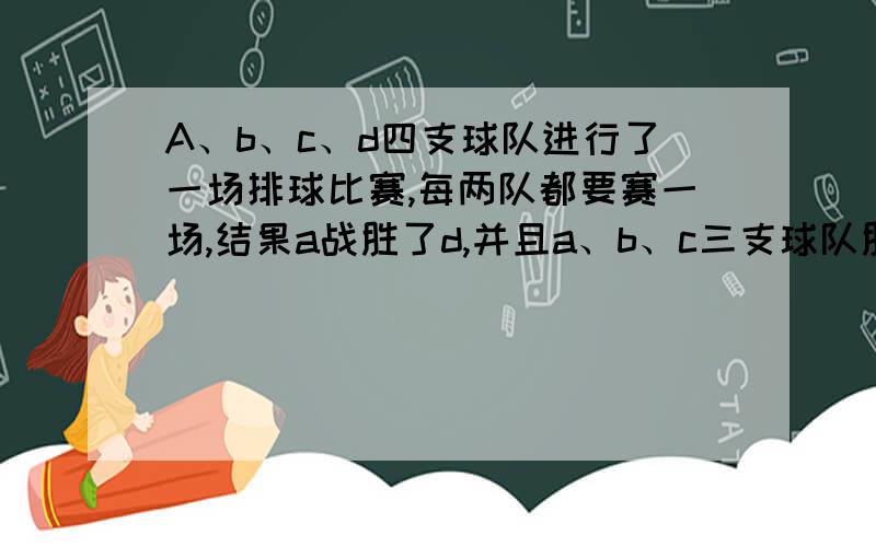 A、b、c、d四支球队进行了一场排球比赛,每两队都要赛一场,结果a战胜了d,并且a、b、c三支球队胜的场数相