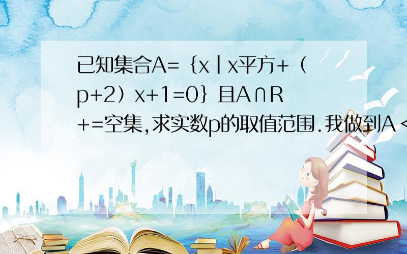 已知集合A=｛x|x平方+（p+2）x+1=0｝且A∩R+=空集,求实数p的取值范围.我做到A＜0 就做不下去了