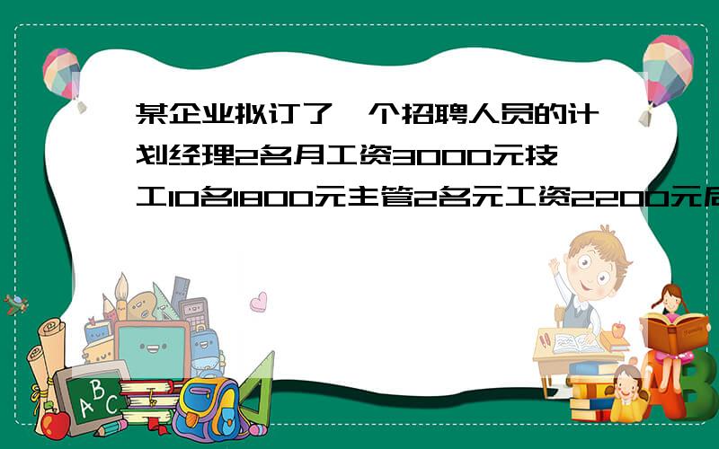 某企业拟订了一个招聘人员的计划经理2名月工资3000元技工10名1800元主管2名元工资2200元后勤2名月工资1000你认为哪个数据代表招聘人员的月工资水平更合适