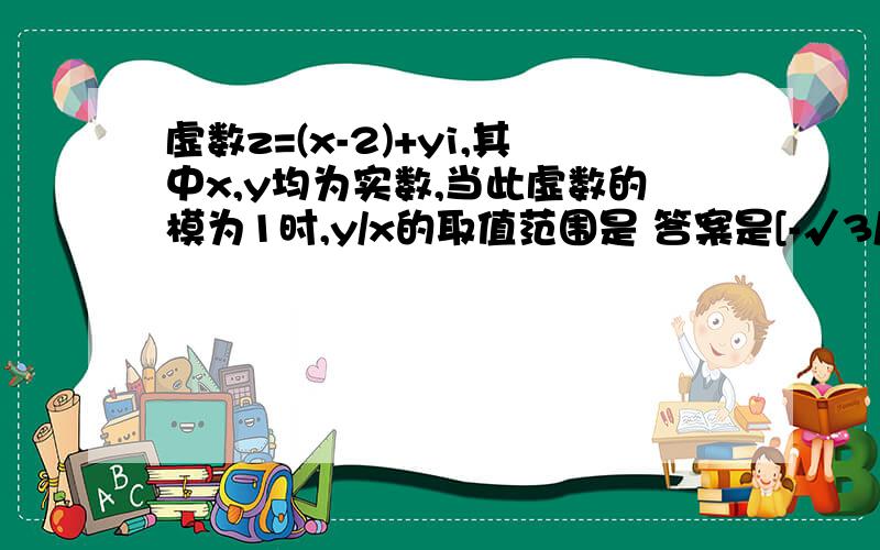 虚数z=(x-2)+yi,其中x,y均为实数,当此虚数的模为1时,y/x的取值范围是 答案是[-√3/3,0)U(0,√3/3]问题：1、有解答说：“模=根号[（x-2)^2+y^2]=1,即（x-2)^2+y^2=1,这表示圆心为（2,0）,半径为1的圆.”为什