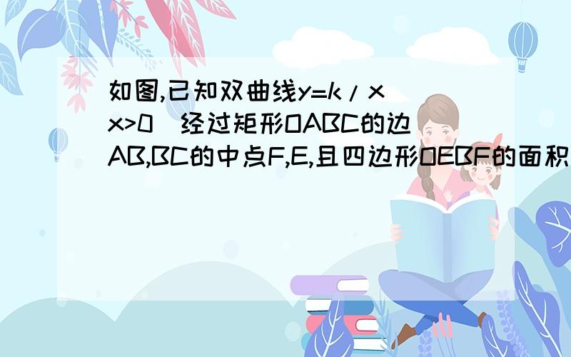 如图,已知双曲线y=k/x(x>0)经过矩形OABC的边AB,BC的中点F,E,且四边形OEBF的面积为2,求k的值