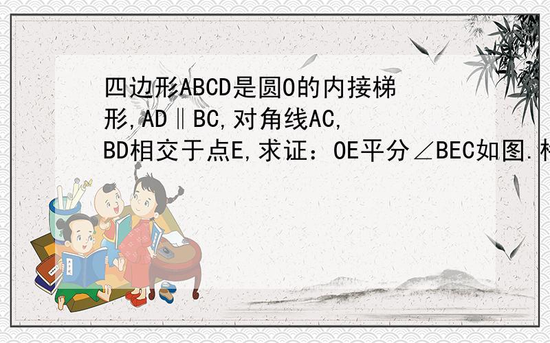 四边形ABCD是圆O的内接梯形,AD‖BC,对角线AC,BD相交于点E,求证：OE平分∠BEC如图.格式好点.九点半之前啊这个是图