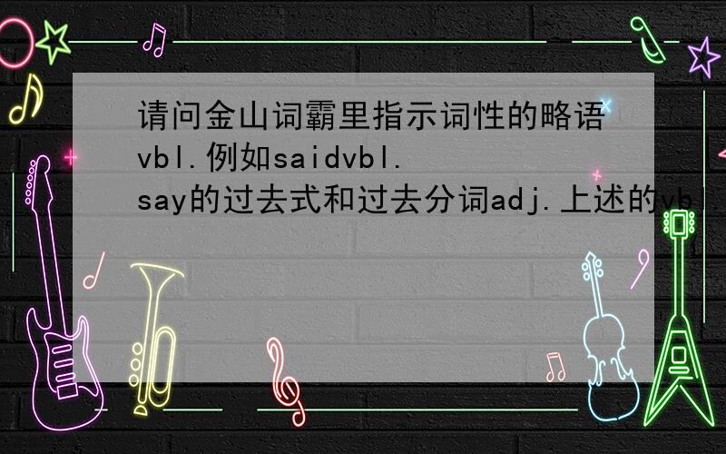 请问金山词霸里指示词性的略语vbl.例如saidvbl.say的过去式和过去分词adj.上述的vbl.的全称？