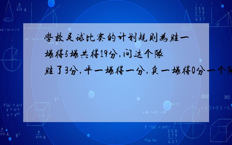 学校足球比赛的计划规则为胜一场得5场共得19分,问这个队胜了3分,平一场得一分,负一场得0分一个队踢14场负5场共得19分,问这个队胜了几场球?请用方程解答.