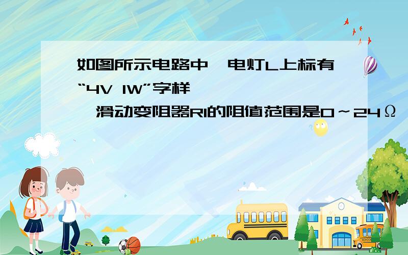 如图所示电路中,电灯L上标有“4V 1W”字样,滑动变阻器R1的阻值范围是0～24Ω,电阻R2的阻值是30Ω,电流表的是量程是0.6A．（1）当开关S1、S2断开,变阻器接入电路的电阻为其总电阻的1/3时,电