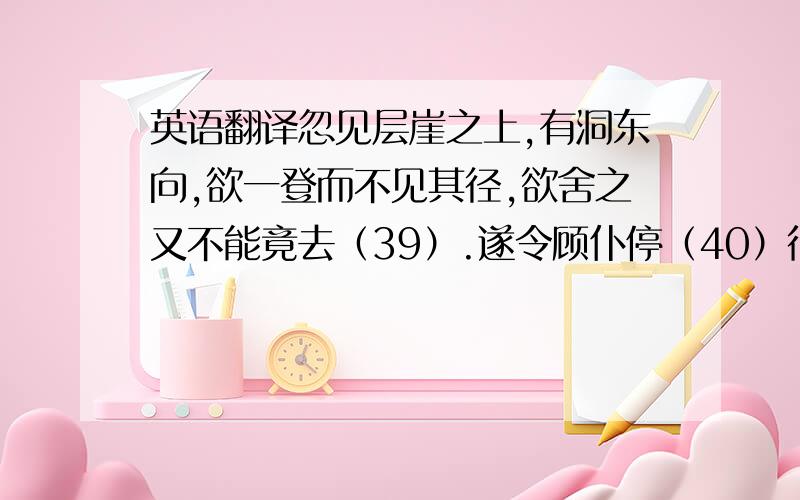 英语翻译忽见层崖之上,有洞东向,欲一登而不见其径,欲舍之又不能竟去（39）.遂令顾仆停（40）行李,守“木胆”于路侧,余竟仰攀而上.其上甚削（41）.半里之后,土削不能受足（42）,以指攀草