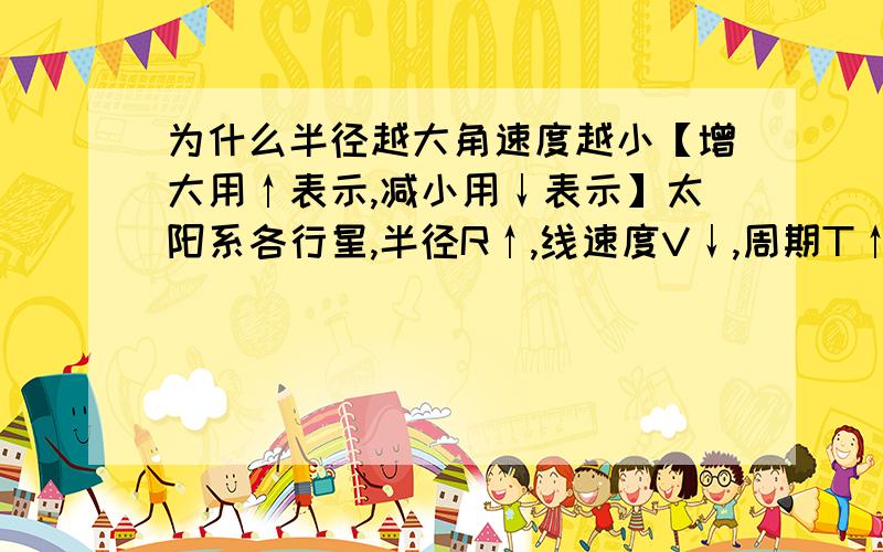 为什么半径越大角速度越小【增大用↑表示,减小用↓表示】太阳系各行星,半径R↑,线速度V↓,周期T↑,角速度W↓,向心加速度an↓当然,半径增大是条件,这个不可以变其它的我还可以懂,就是角