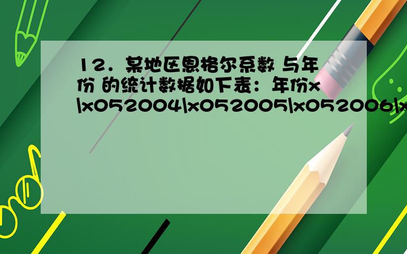 12．某地区恩格尔系数 与年份 的统计数据如下表：年份x\x052004\x052005\x052006\x052007恩格尔系数y(%)\x0547\x0545.5\x0543.5\x0541从散点图可以看出y与x线性相关,且可得回归方程为y=bx+4055.25 ,据此模型可