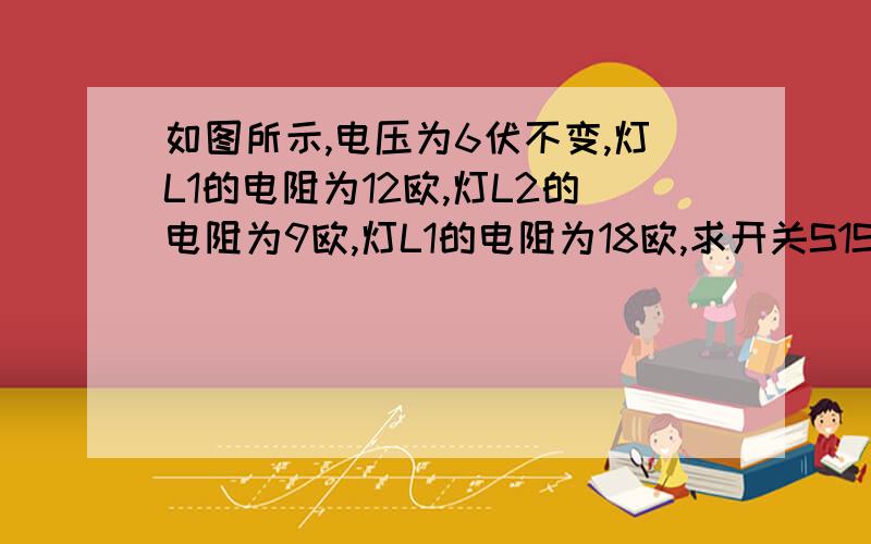 如图所示,电压为6伏不变,灯L1的电阻为12欧,灯L2的电阻为9欧,灯L1的电阻为18欧,求开关S1S2同时.哪位大神帮帮我?!加分加分