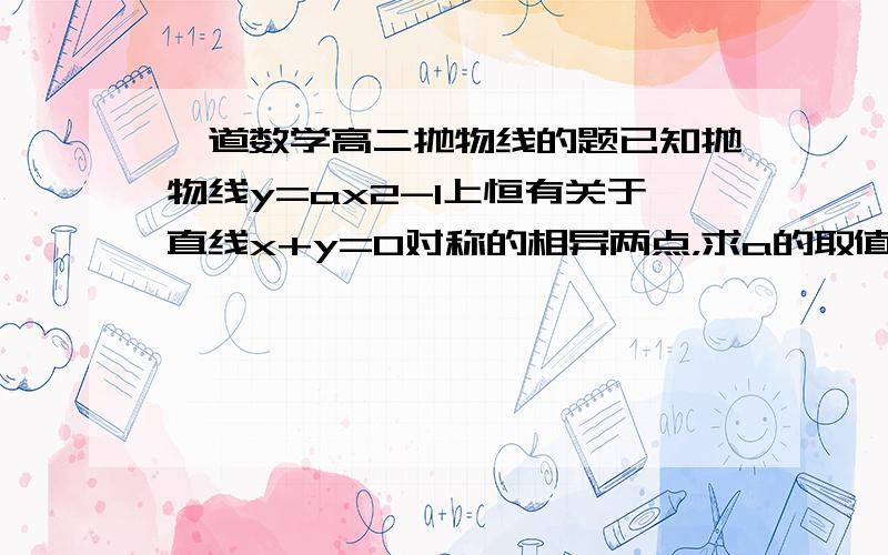 一道数学高二抛物线的题已知抛物线y=ax2-1上恒有关于直线x+y=0对称的相异两点，求a的取值范围