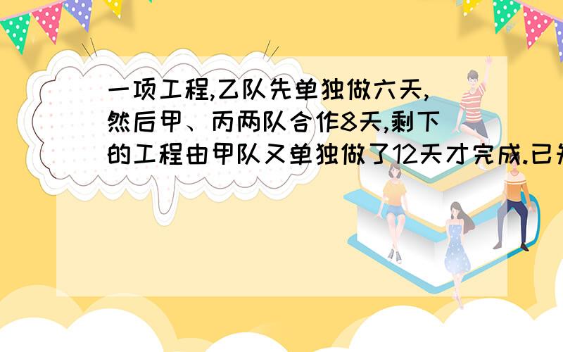 一项工程,乙队先单独做六天,然后甲、丙两队合作8天,剩下的工程由甲队又单独做了12天才完成.已知乙队完成的是甲队完成的1/3,丙队完成的是乙队完成的两倍,如果由甲、乙、丙三队单独做,各