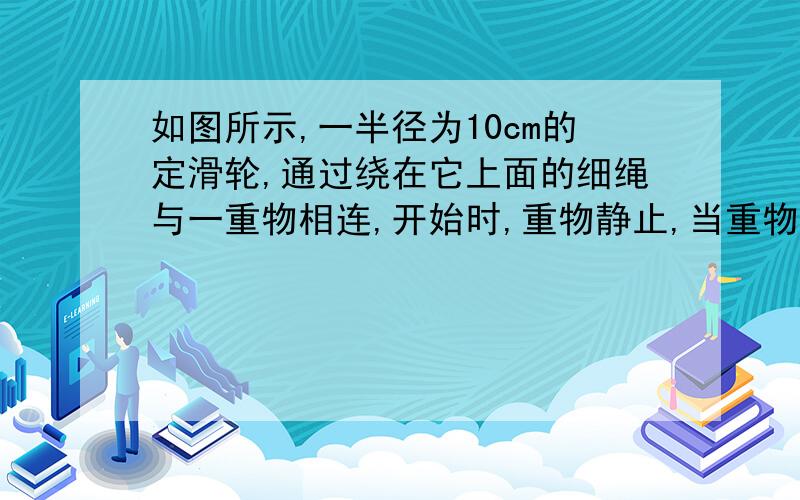 如图所示,一半径为10cm的定滑轮,通过绕在它上面的细绳与一重物相连,开始时,重物静止,当重物以2m/s^2的加速度下降了1m的路程时,该时刻滑轮边缘上某点p的角速度是多少?向心加速度是多少?