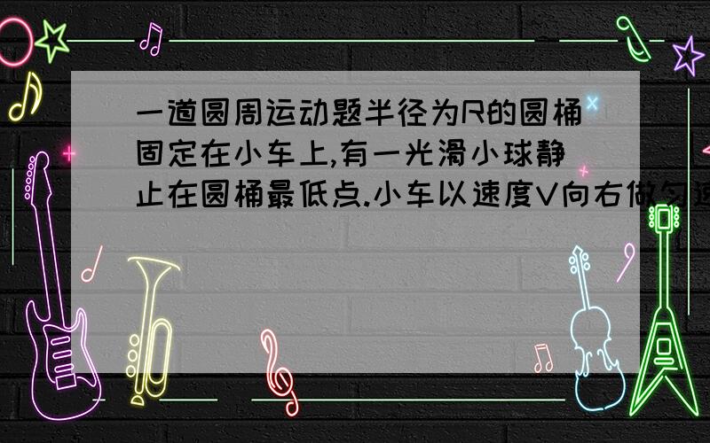 一道圆周运动题半径为R的圆桶固定在小车上,有一光滑小球静止在圆桶最低点.小车以速度V向右做匀速运动,当小车遇到障碍物突然停止时,小球在圆桶中上升的高度可能为( )A.等于V^2/2gB.大于V^2