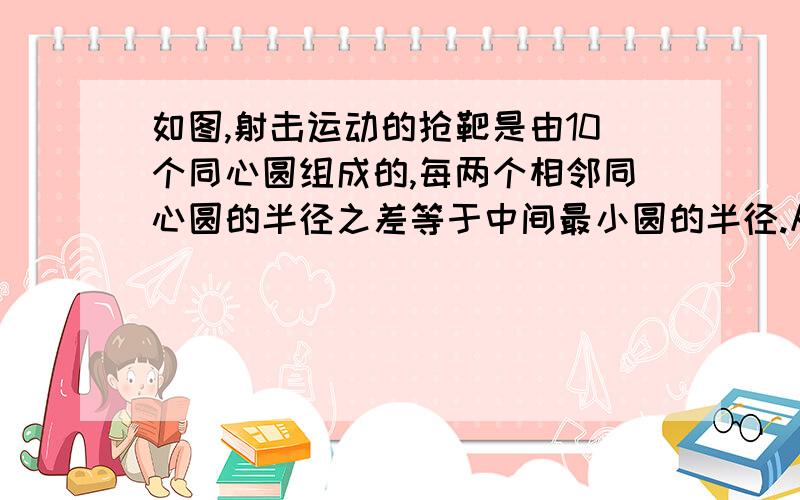 如图,射击运动的抢靶是由10个同心圆组成的,每两个相邻同心圆的半径之差等于中间最小圆的半径.从外向里各个圆环依次叫做1环、2环、3环.正中最小圆围成的区域叫做10环.问1环的面积是10环