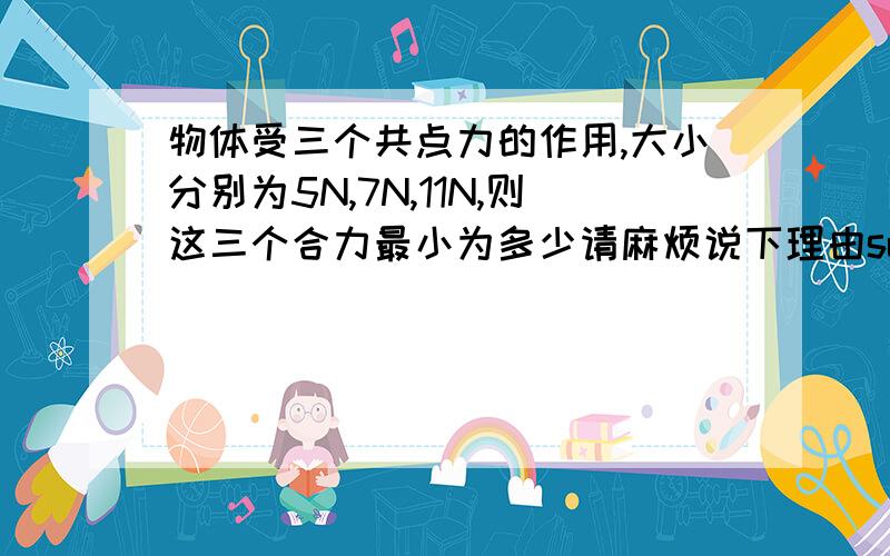 物体受三个共点力的作用,大小分别为5N,7N,11N,则这三个合力最小为多少请麻烦说下理由sudu a