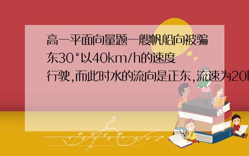 高一平面向量题一艘帆船向被骗东30°以40km/h的速度行驶,而此时水的流向是正东,流速为20km/h,若不考虑其他因素,则帆船实际航行的速度是?我知道答案  但是不知道怎么算  大囧~北偏东   打错