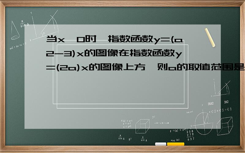 当x>0时,指数函数y=(a2-3)x的图像在指数函数y=(2a)x的图像上方,则a的取值范围是