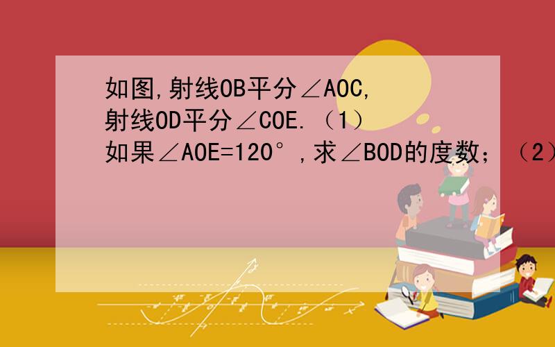 如图,射线OB平分∠AOC,射线OD平分∠COE.（1）如果∠AOE=120°,求∠BOD的度数；（2）当∠BOD=45°时,你发现射线OA,OE的位置关系怎样?请说明理由