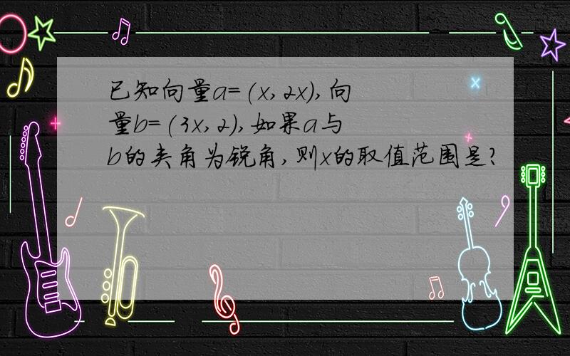 已知向量a=(x,2x),向量b=(3x,2),如果a与b的夹角为锐角,则x的取值范围是?