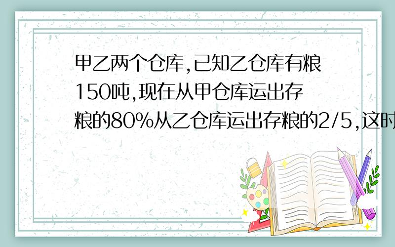 甲乙两个仓库,已知乙仓库有粮150吨,现在从甲仓库运出存粮的80%从乙仓库运出存粮的2/5,这时两仓剩下的粮食乙仓库比甲仓库的3倍还少6吨 甲仓库原有粮多少吨?