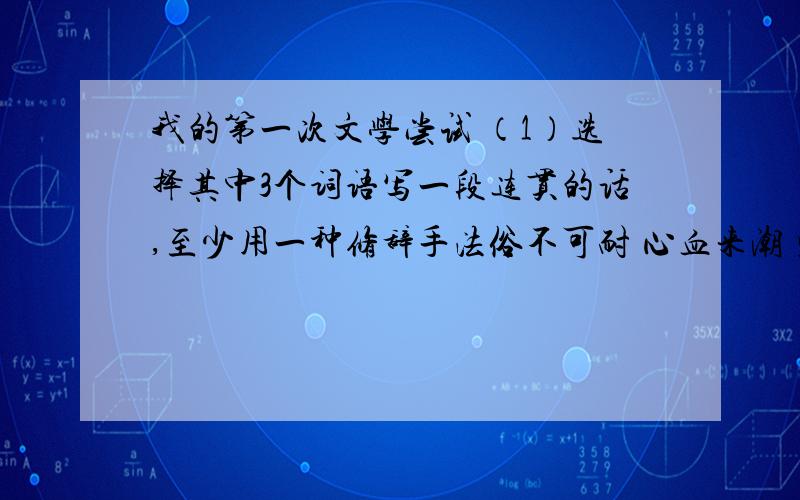 我的第一次文学尝试 （1）选择其中3个词语写一段连贯的话,至少用一种修辞手法俗不可耐 心血来潮 盛气凌人 趾高气扬 乳臭未干（2）作者的第一次文学尝试了什么?他在第一次文学尝试中做