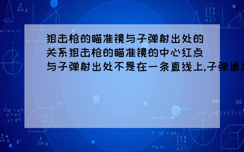 狙击枪的瞄准镜与子弹射出处的关系狙击枪的瞄准镜的中心红点与子弹射出处不是在一条直线上,子弹通过抛物线的形式刚刚好击中瞄准镜瞄到的地方（当然如果是移动物体根据子弹飞行速度