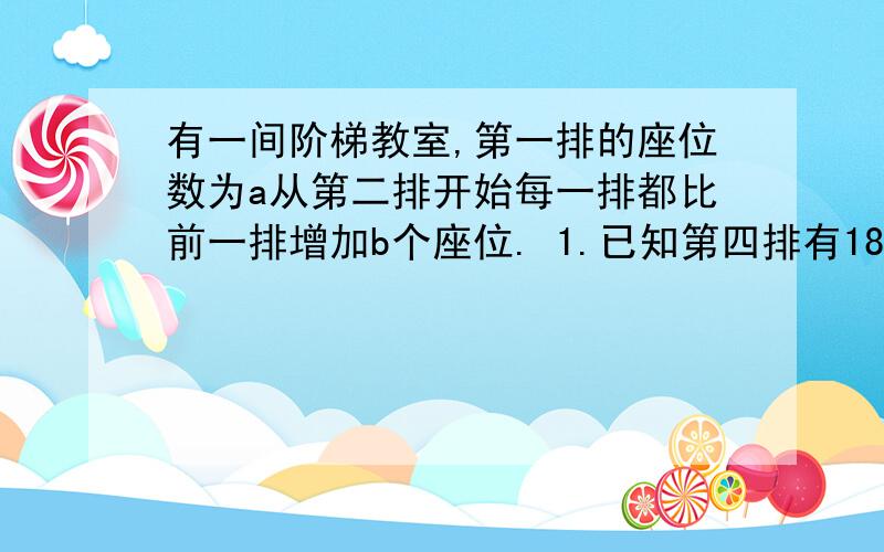 有一间阶梯教室,第一排的座位数为a从第二排开始每一排都比前一排增加b个座位. 1.已知第四排有18个座位,第15排的座位数是第5排的两倍求第21排有多少座位? 急死了,亲