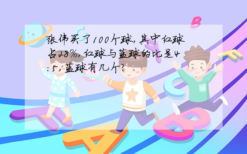 张伟买了100个球,其中红球占28%,红球与蓝球的比是4:5,蓝球有几个?