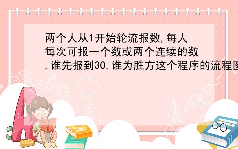 两个人从1开始轮流报数,每人每次可报一个数或两个连续的数,谁先报到30,谁为胜方这个程序的流程图