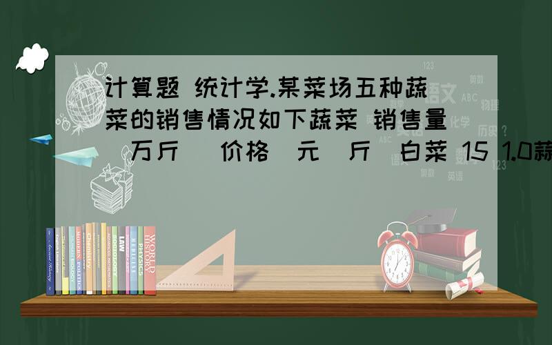 计算题 统计学.某菜场五种蔬菜的销售情况如下蔬菜 销售量（万斤） 价格（元／斤）白菜 15 1.0蒜苗 7 1.6茄子 5 1.2辣椒 2 2.2西红柿 13 0.8请计算该菜场蔬菜的平均销售价格.计算题要有步骤、公