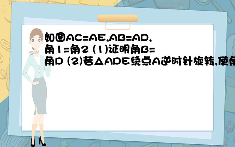 如图AC=AE,AB=AD,角1=角2 (1)证明角B=角D (2)若△ADE绕点A逆时针旋转,使角如图AC=AE,AB=AD,角1=角2(1)证明角B=角D(2)若△ADE绕点A逆时针旋转,使角1=90○,直线BC,DE的位置关系如何?加以说明.当角BAD为平角时