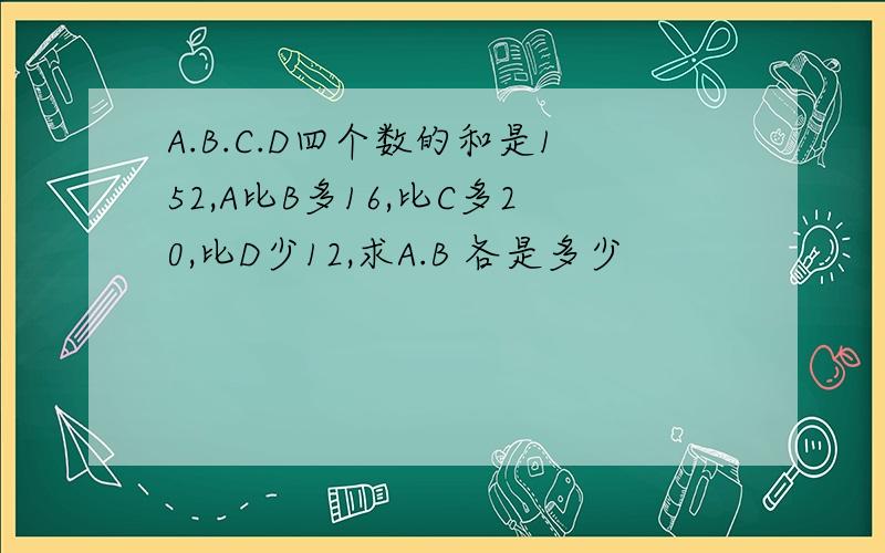 A.B.C.D四个数的和是152,A比B多16,比C多20,比D少12,求A.B 各是多少