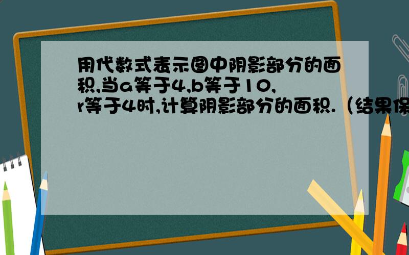 用代数式表示图中阴影部分的面积,当a等于4,b等于10,r等于4时,计算阴影部分的面积.（结果保留π）是一个梯形里面有个圆,圆的半径为r,梯形上面是a,下面为b,梯形是阴影部分,圆形不是,没有百