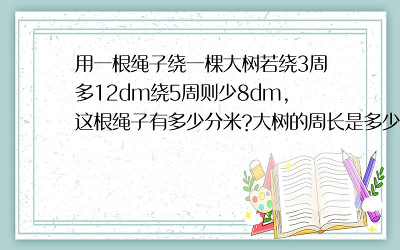 用一根绳子绕一棵大树若绕3周多12dm绕5周则少8dm,这根绳子有多少分米?大树的周长是多少分米?运一批货物,第一次运走30%,第二次运走8吨,第三次运走的比前两次的总和少2吨,三次正好运完,这批