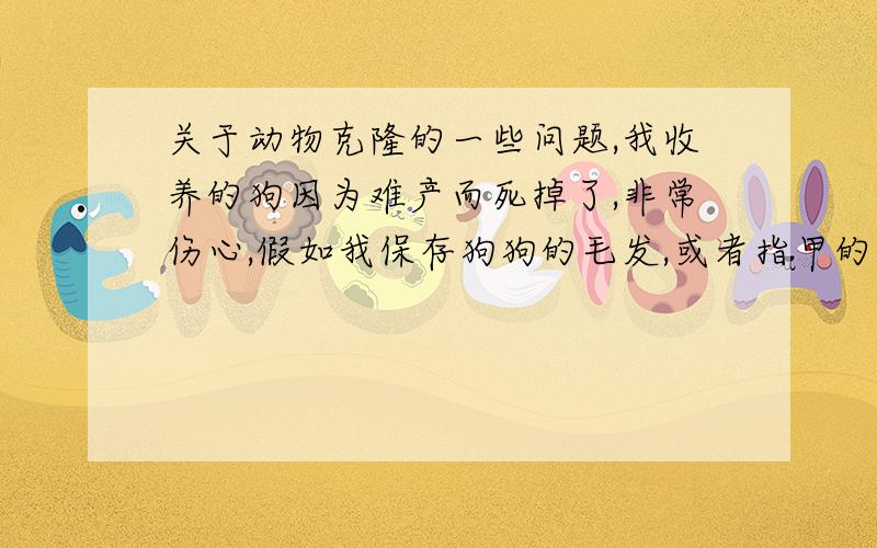 关于动物克隆的一些问题,我收养的狗因为难产而死掉了,非常伤心,假如我保存狗狗的毛发,或者指甲的一部分,按理说就是有了它的基因的载体,但是狗已经死了有10天了,被家人丢弃在水里,今天